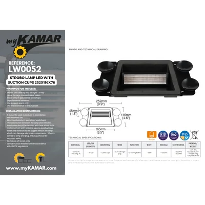 Villogó szélvédőbe/ablakba stroboszkóp 252x116x76mm sárga tapadókorongokkal