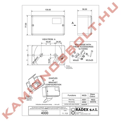 Lámpa tolató olasz fehér 130x77mm